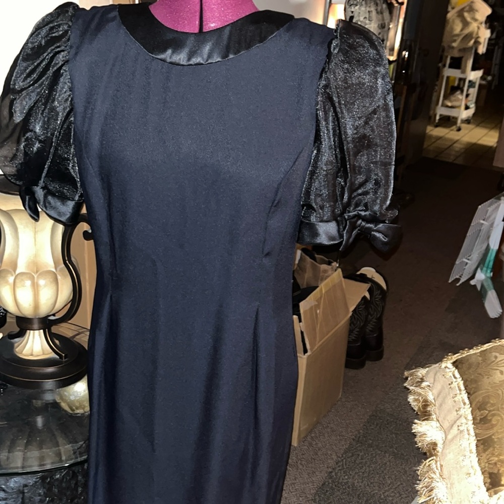 MICHAEL MARCELLA  BLACK DRESS CREPE PUFFY SLEEVES W/ BOWS ELEGANT COCKTAIL DRESS